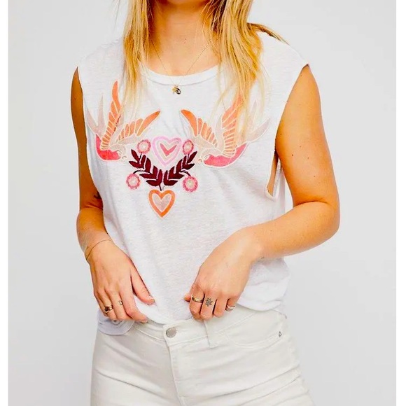 Free People Love Birds Lace Up White Embroidered Tank Top S - Picture 3 of 5